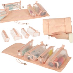 Sac à cosmétiques de voyage pliable amovible roll up 4en1 grande capacité portable rose
