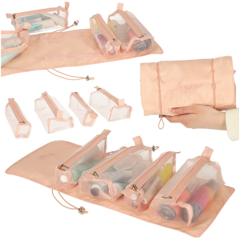 Sac à cosmétiques de voyage pliable amovible roll up 4en1 grande capacité portable rose
