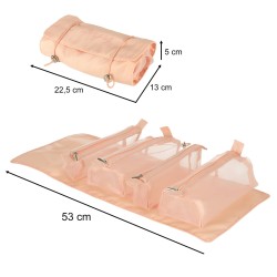 Sac à cosmétiques de voyage pliable amovible roll up 4en1 grande capacité portable rose
