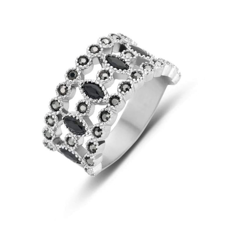 Victoria Silver Colored Ring with Black Stone