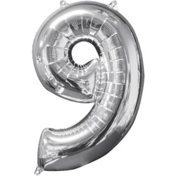 Number Silver Silver number foil balloon 9, 66x43 cm