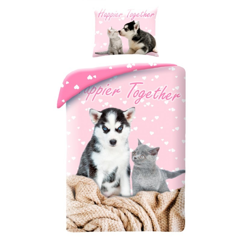 Animals Happier Together Cat and Dog themed bedding set 140x200cm, 70x90 cm