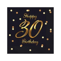 Serviettes de table Happy Birthday 30, 20 pièces, 33 x 33 cm, B&C Noir-Or