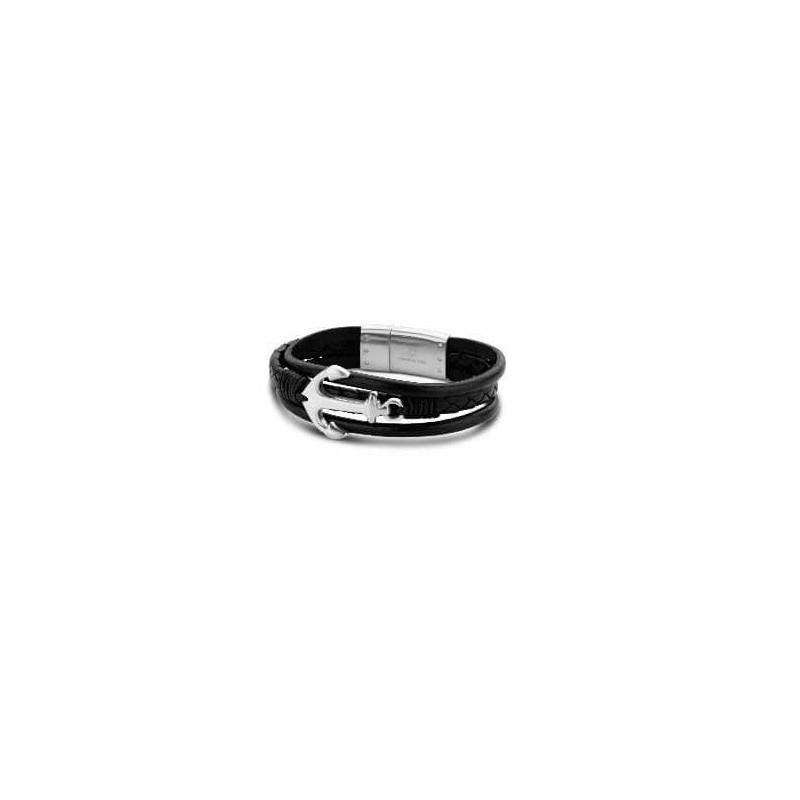 Bracelet en cuir noir avec ancre pour homme Victoria Black