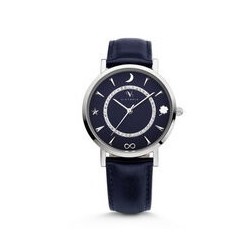 Victoria Silver-Colored Stone Blue Leather Strap Watch