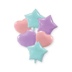 Lot de 6 ballons en aluminium couleur pastel bleu rose lilas, cœur, étoile, 46 cm