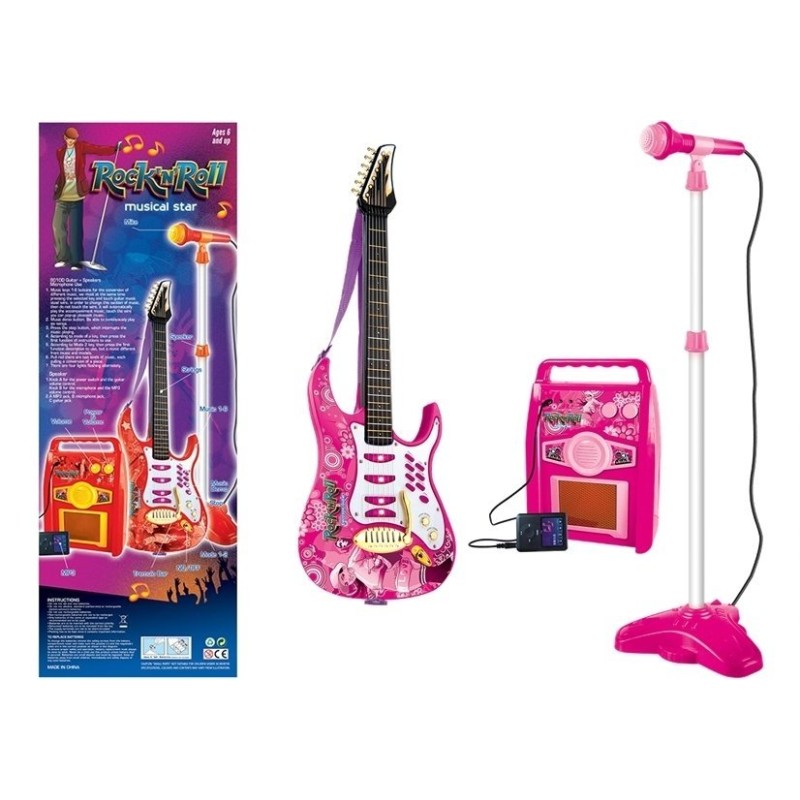 Pack Guitare électrique pour enfant + amplificateur et  microphone Rose