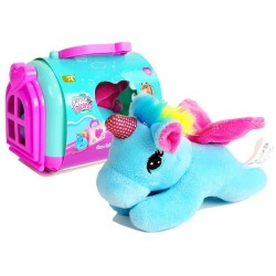 Peluche Mascotte cheval licorne poney avec cage de transport